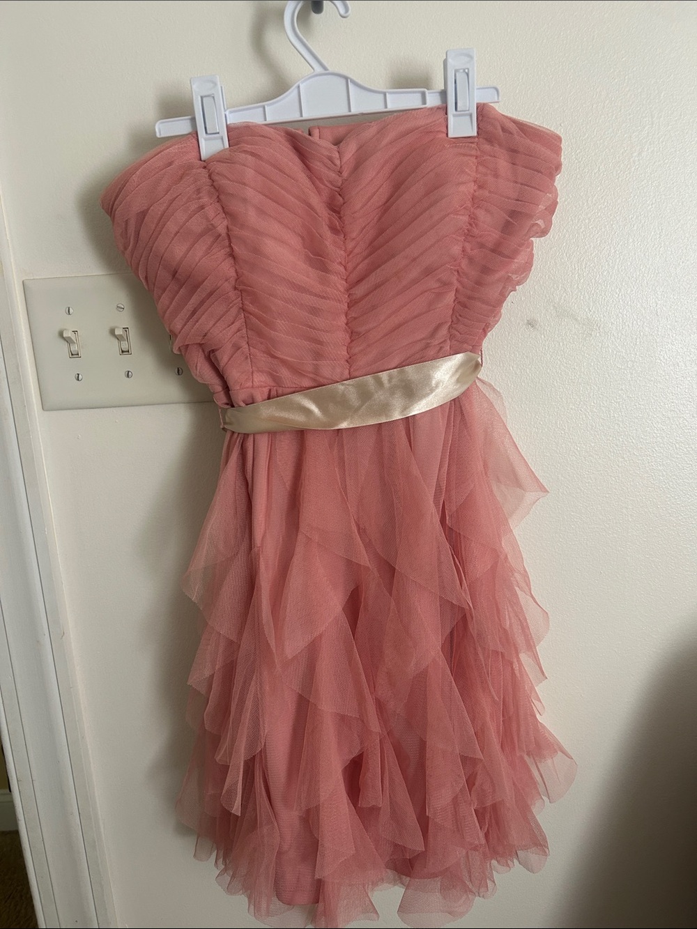 Teeze Me Dusty Rose Strapless Ruffle Tulle Dress with Gold Sash